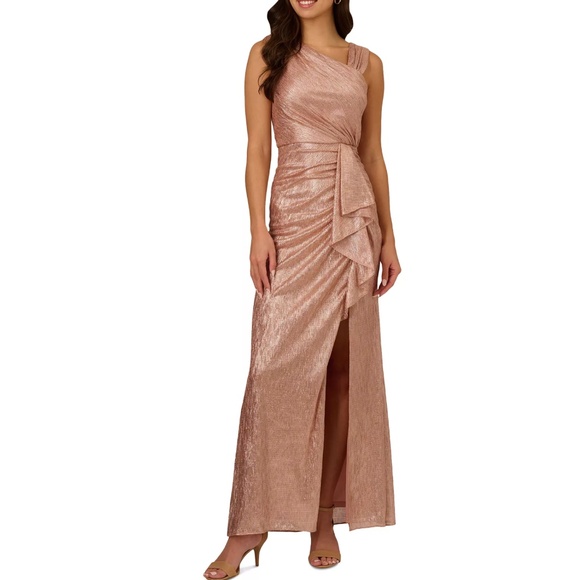 Adrianna Papell -  Asymmetrical Foil Drape-Front Metallic Gown - Picture 1 of 14